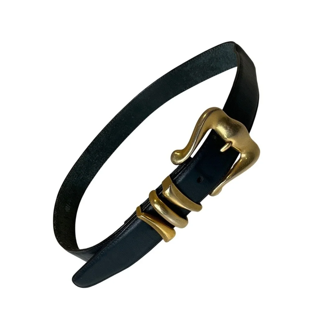 Vintage Brighton Black Leather Belt Brass Buckle Sculptural Gold Toned Statement